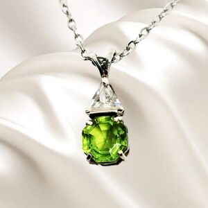 Peridot and Clear CZ Stone Sterling Silver Pendant with Stainless Steel …